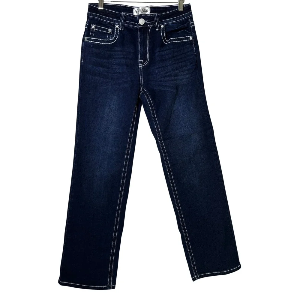 Y Jeans Los Angeles Straight Leg Jeans Womens 9/10 Dark‎ Wash Embroidered Bling